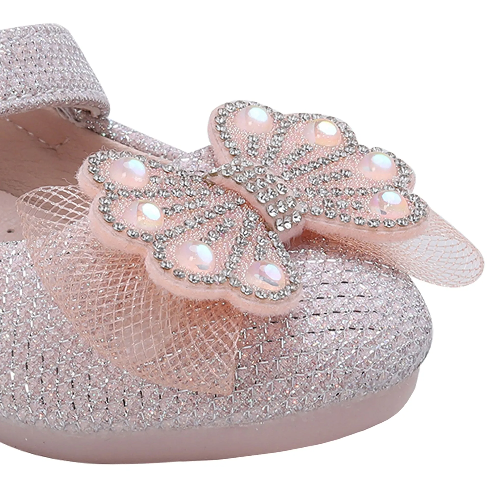 Baby Moo Glittery Butterfly Bow Mary Jane Velcro Strap Anti-Skid Ballerina Shoes - Pink