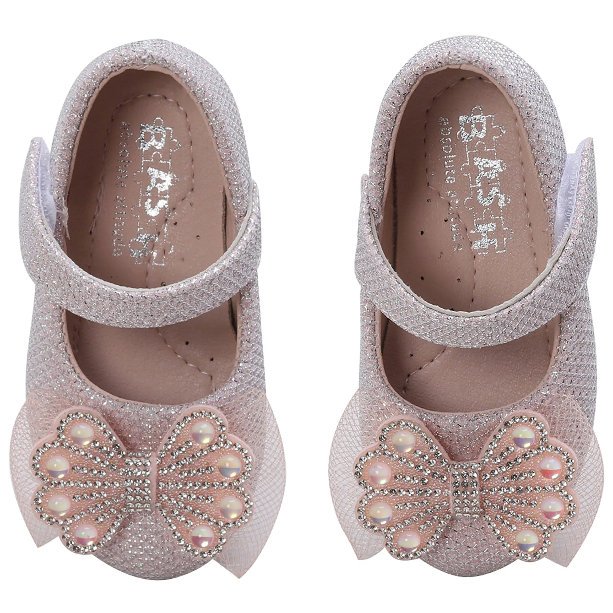 Baby Moo Glittery Butterfly Bow Mary Jane Velcro Strap Anti-Skid Ballerina Shoes - Pink