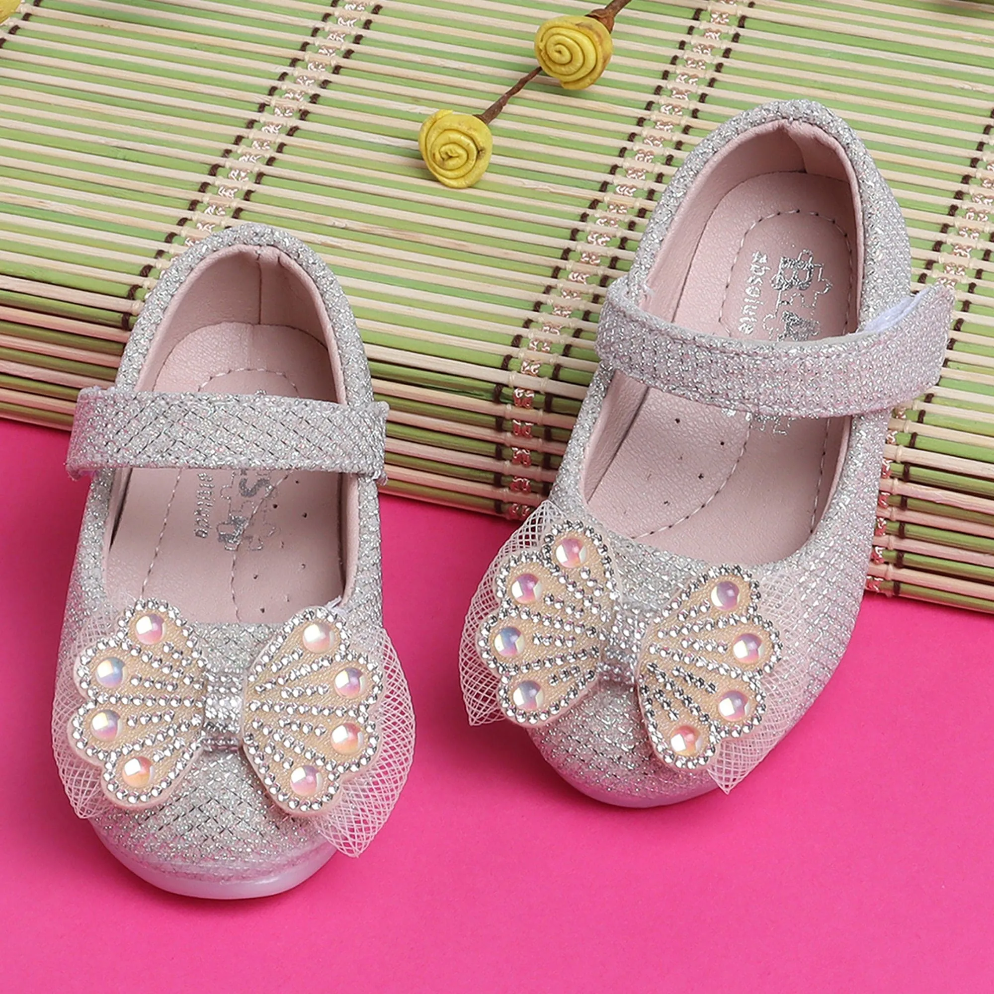 Baby Moo Glittery Butterfly Bow Mary Jane Velcro Strap Anti-Skid Ballerina Shoes - Pink