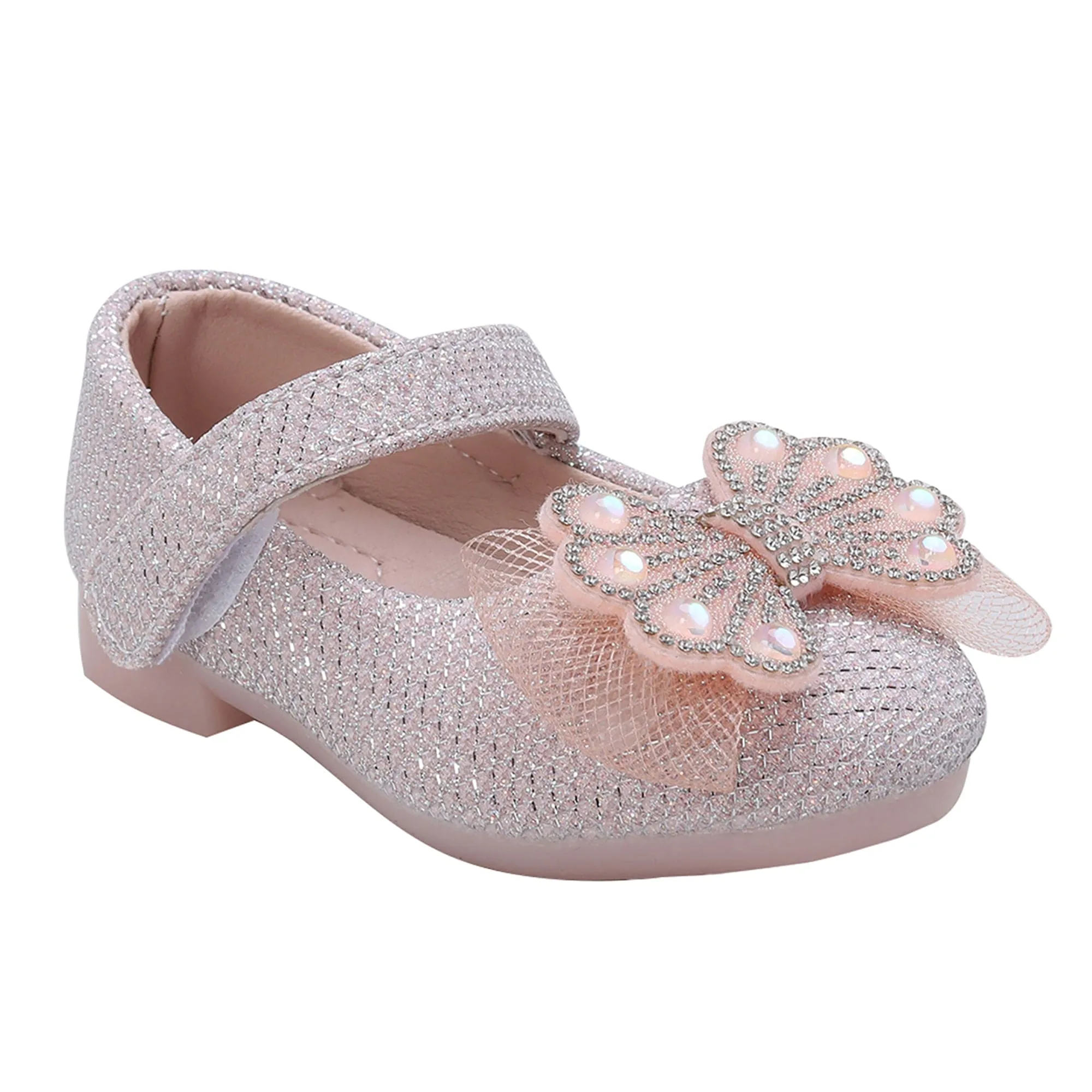 Baby Moo Glittery Butterfly Bow Mary Jane Velcro Strap Anti-Skid Ballerina Shoes - Pink