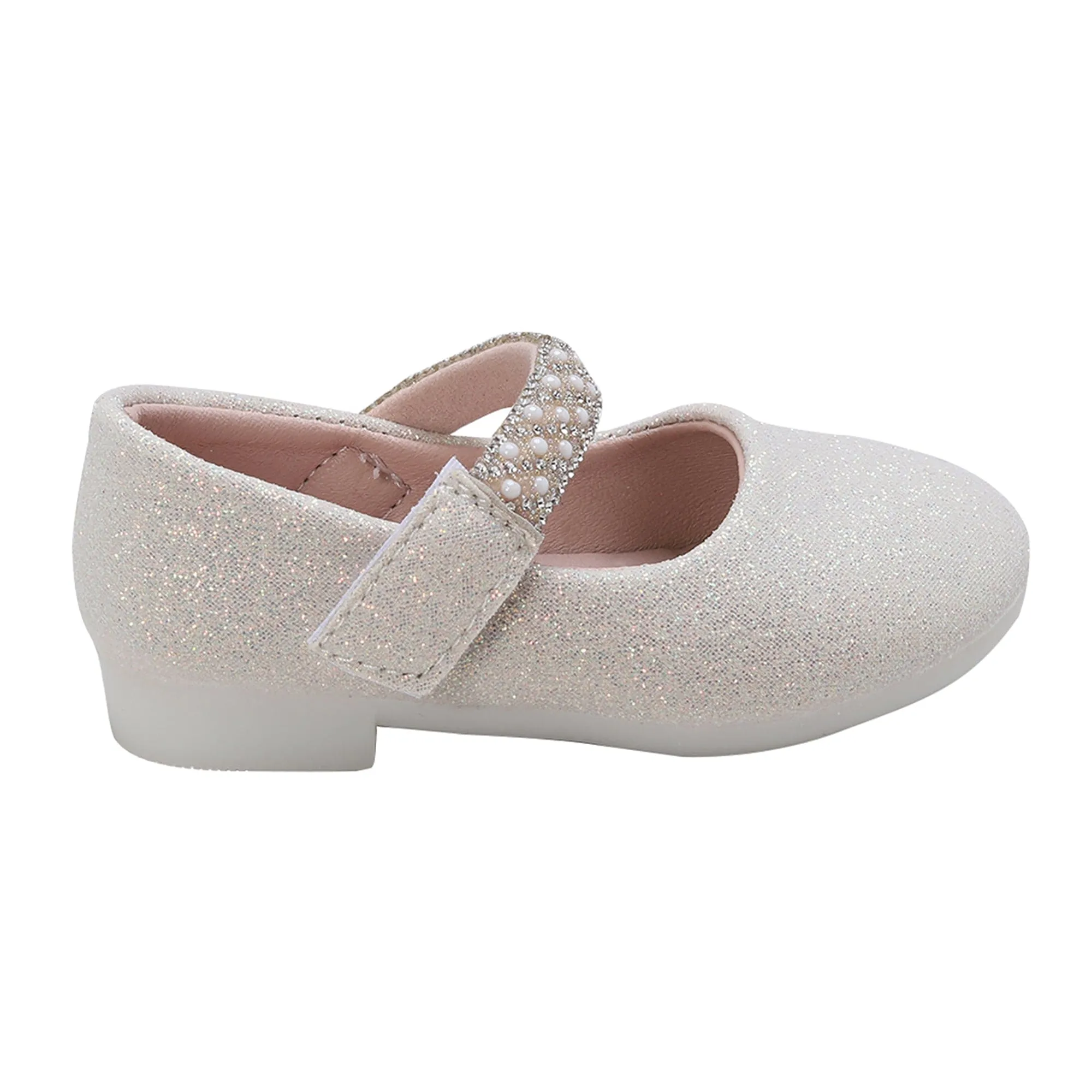 Baby Moo Glittery Pearl Embellished Mary Jane Velcro Strap Anti-Skid Ballerina Shoes - Gold