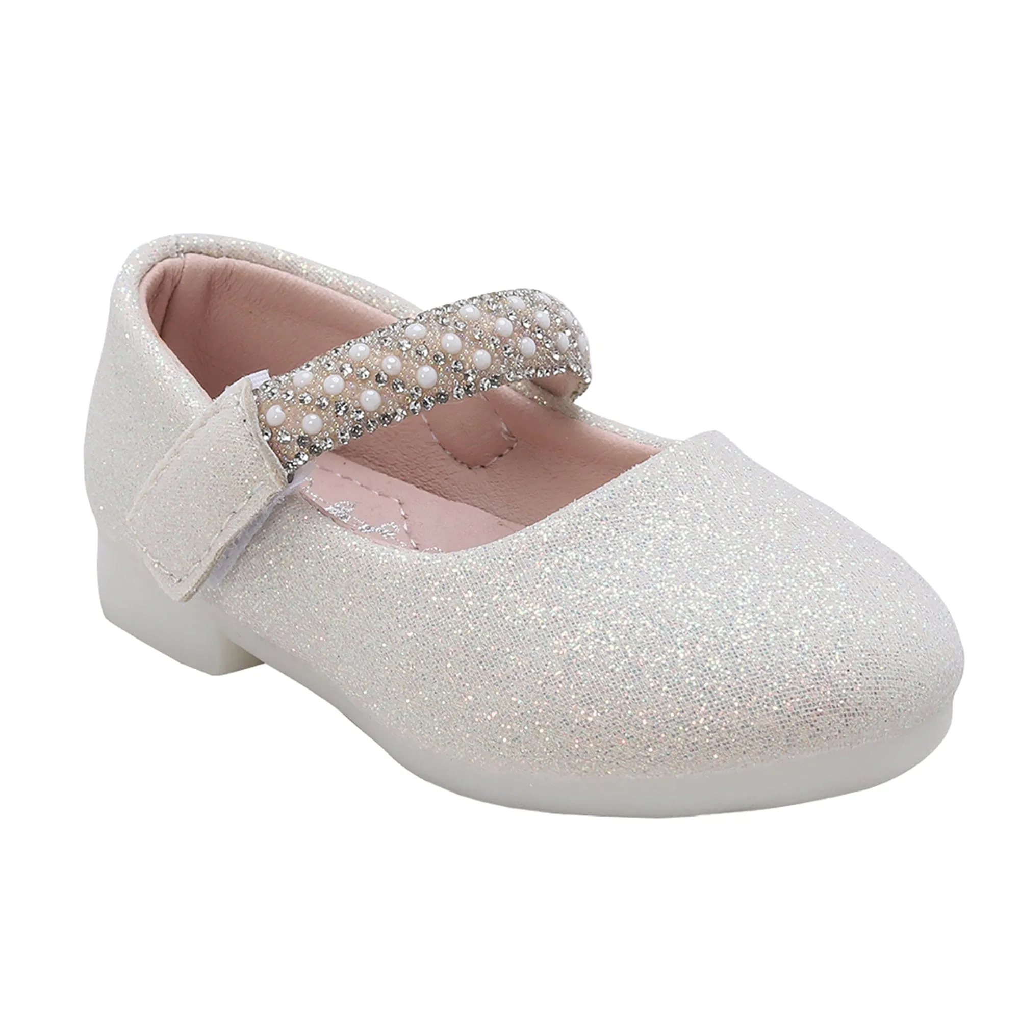 Baby Moo Glittery Pearl Embellished Mary Jane Velcro Strap Anti-Skid Ballerina Shoes - Gold