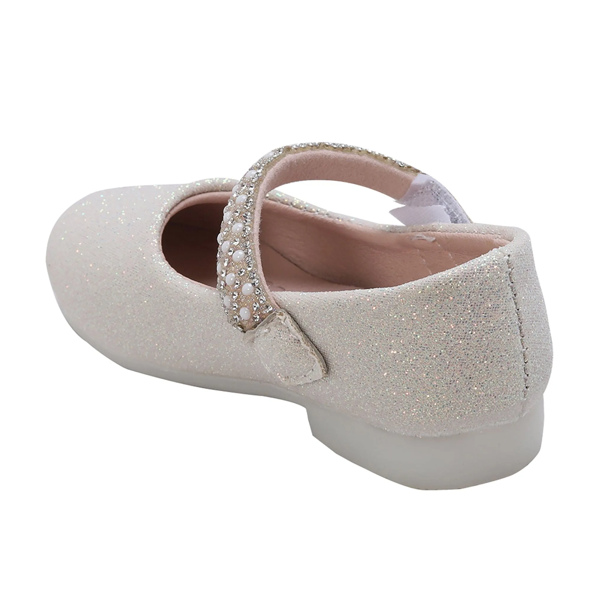 Baby Moo Glittery Pearl Embellished Mary Jane Velcro Strap Anti-Skid Ballerina Shoes - Gold