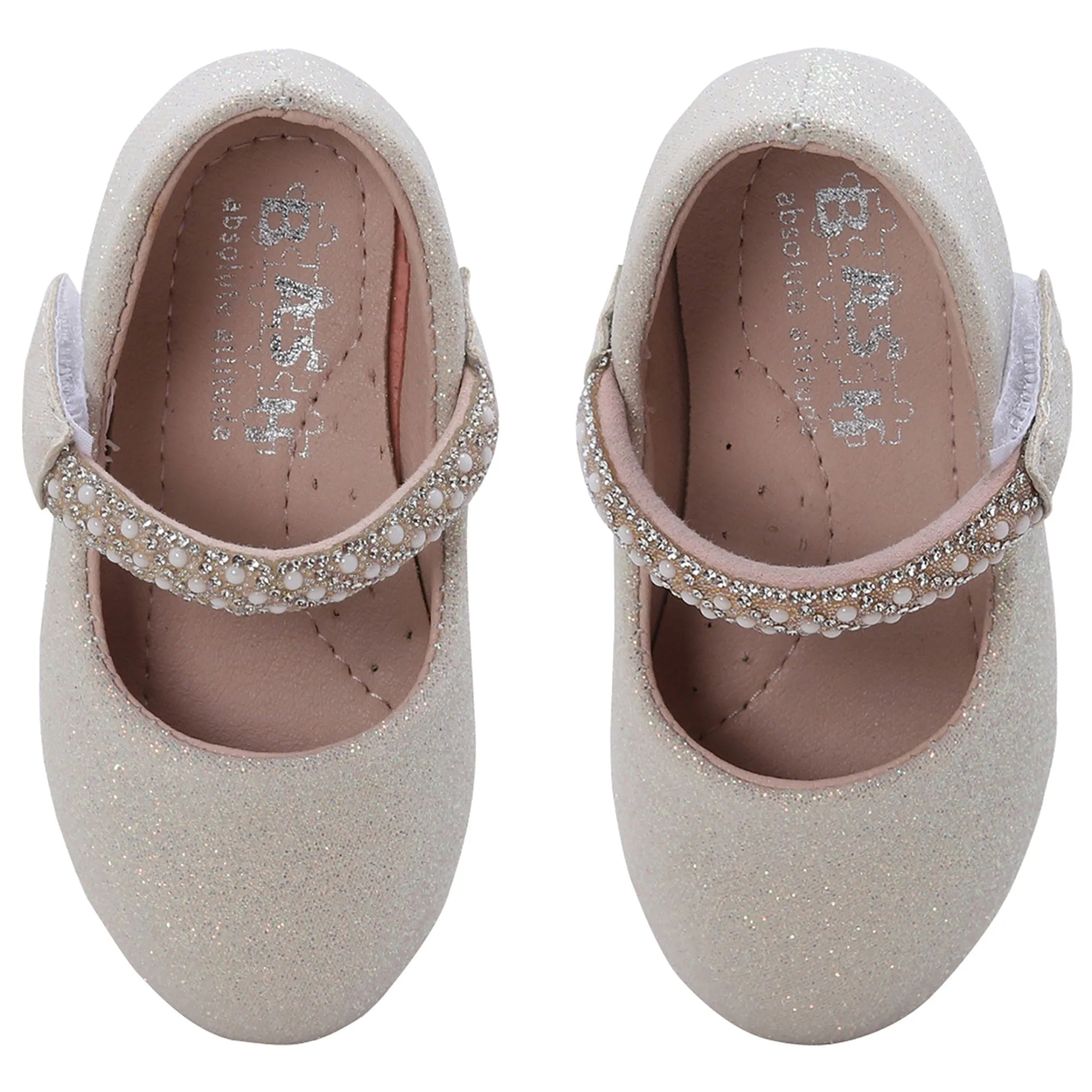 Baby Moo Glittery Pearl Embellished Mary Jane Velcro Strap Anti-Skid Ballerina Shoes - Gold