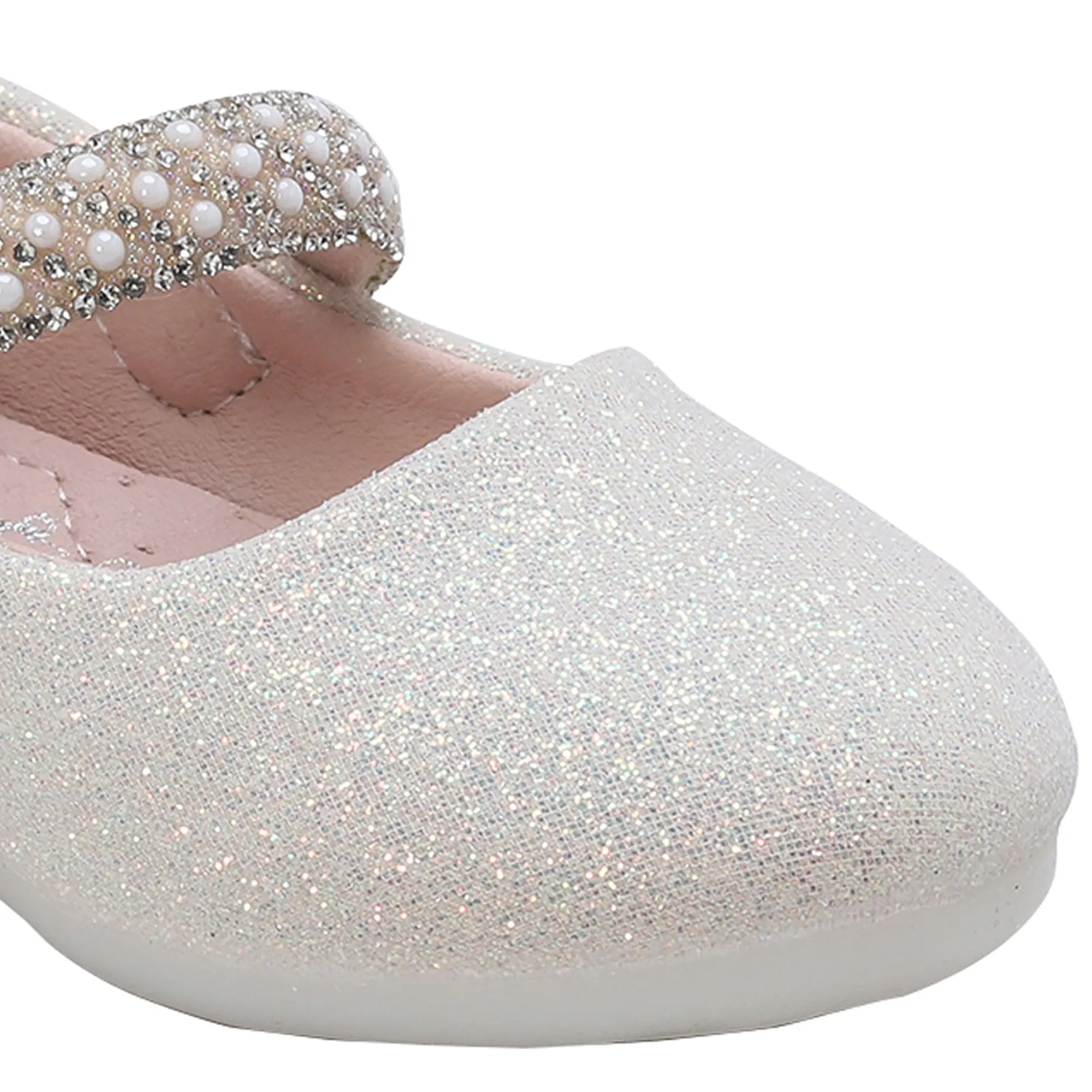 Baby Moo Glittery Pearl Embellished Mary Jane Velcro Strap Anti-Skid Ballerina Shoes - Gold