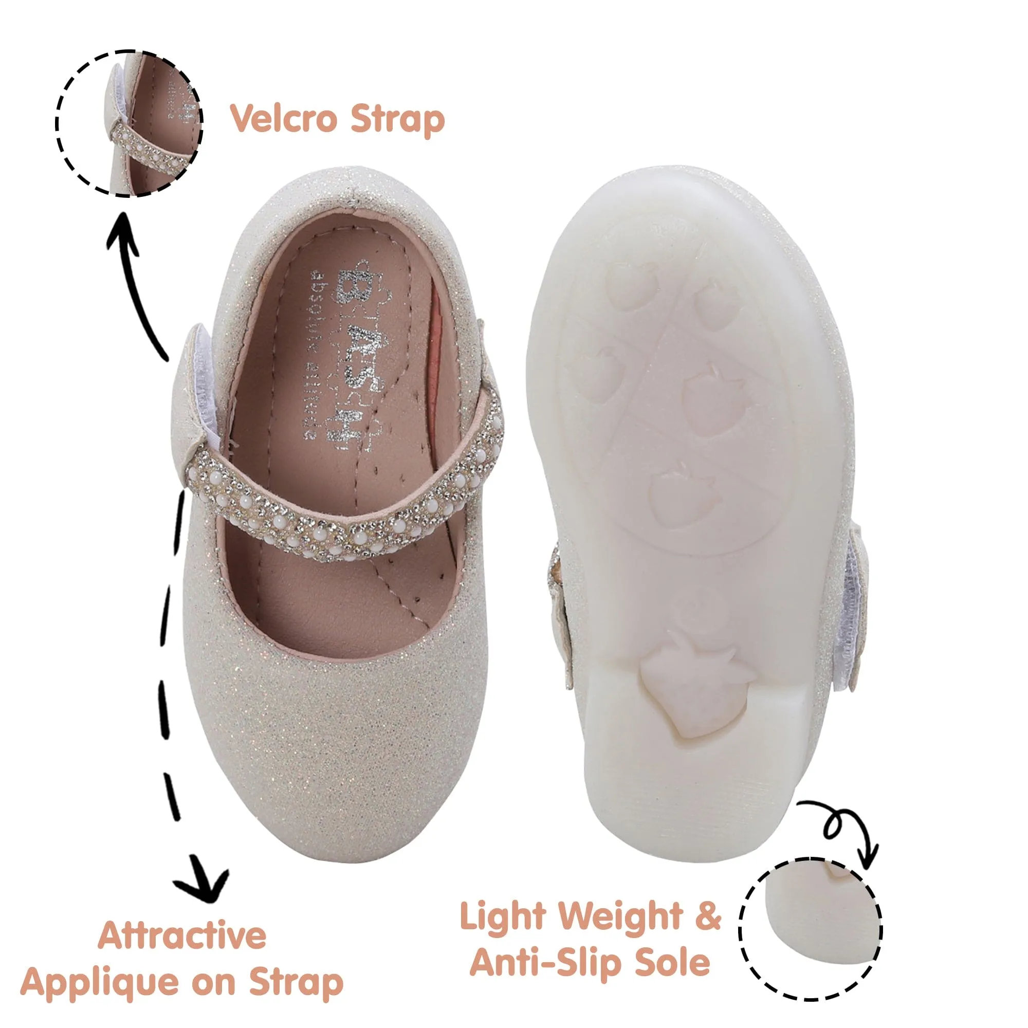 Baby Moo Glittery Pearl Embellished Mary Jane Velcro Strap Anti-Skid Ballerina Shoes - Gold