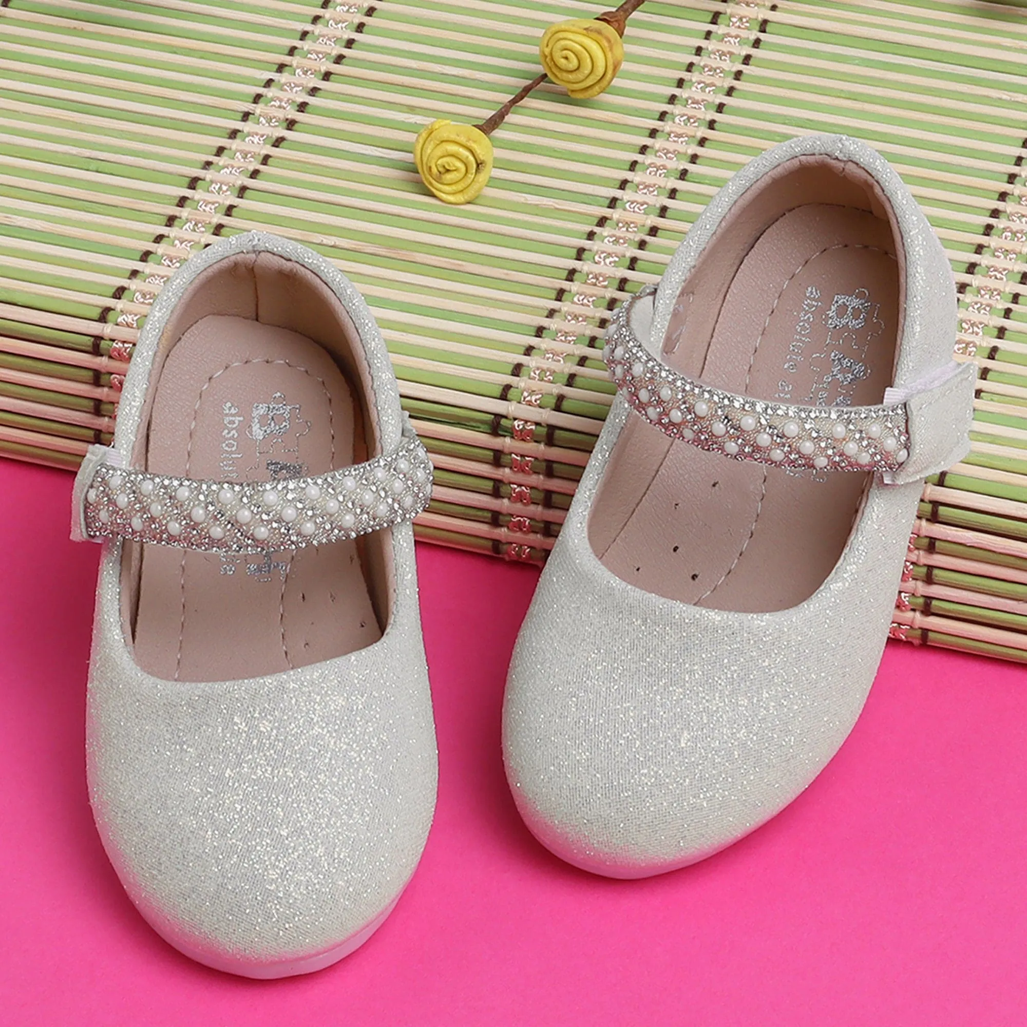 Baby Moo Glittery Pearl Embellished Mary Jane Velcro Strap Anti-Skid Ballerina Shoes - Gold