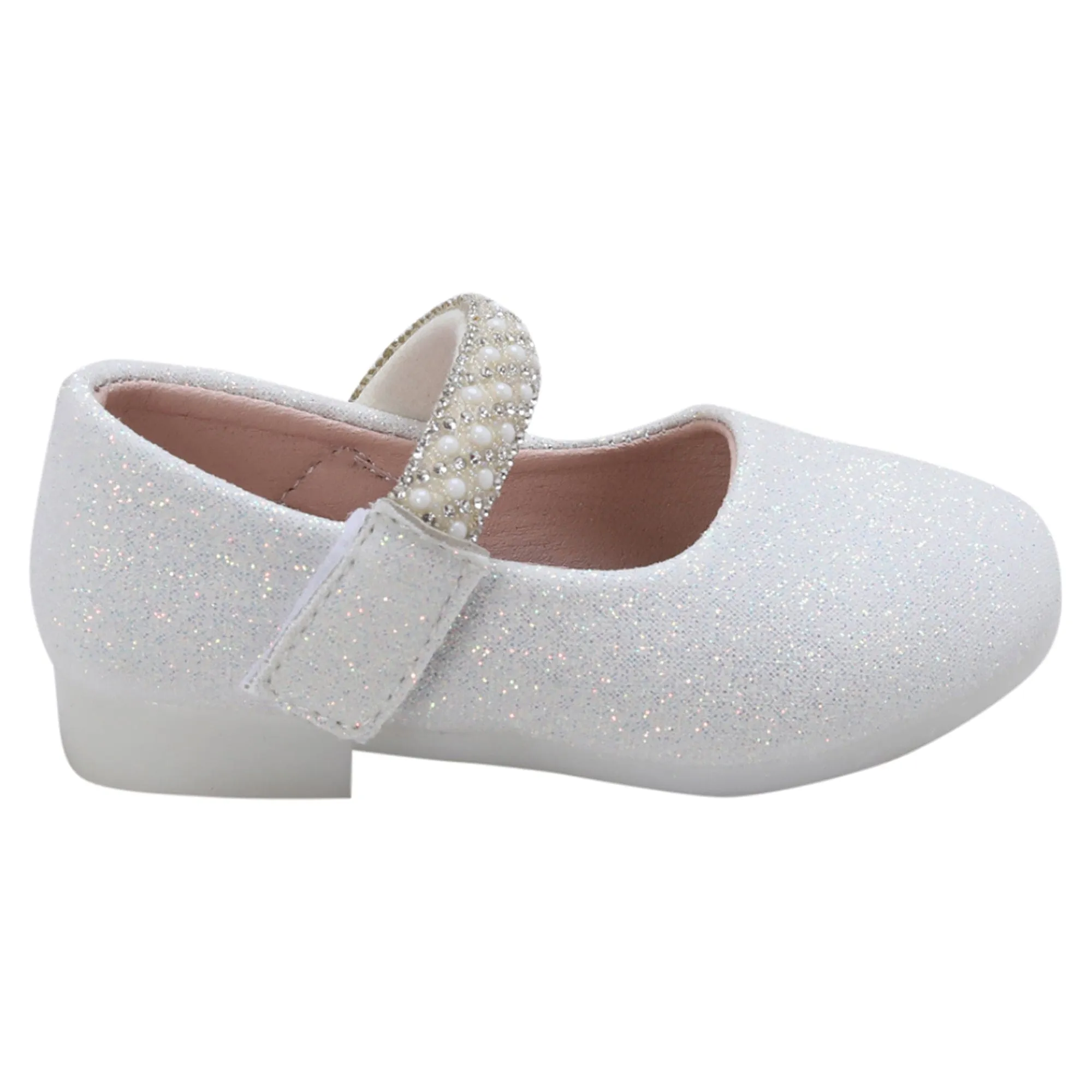 Baby Moo Glittery Pearl Embellished Mary Jane Velcro Strap Anti-Skid Ballerina Shoes - White