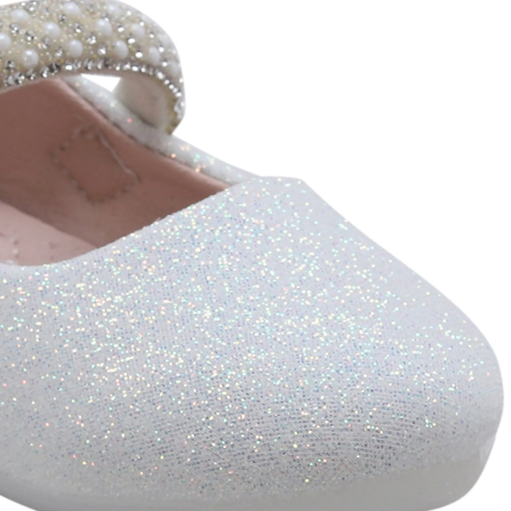 Baby Moo Glittery Pearl Embellished Mary Jane Velcro Strap Anti-Skid Ballerina Shoes - White