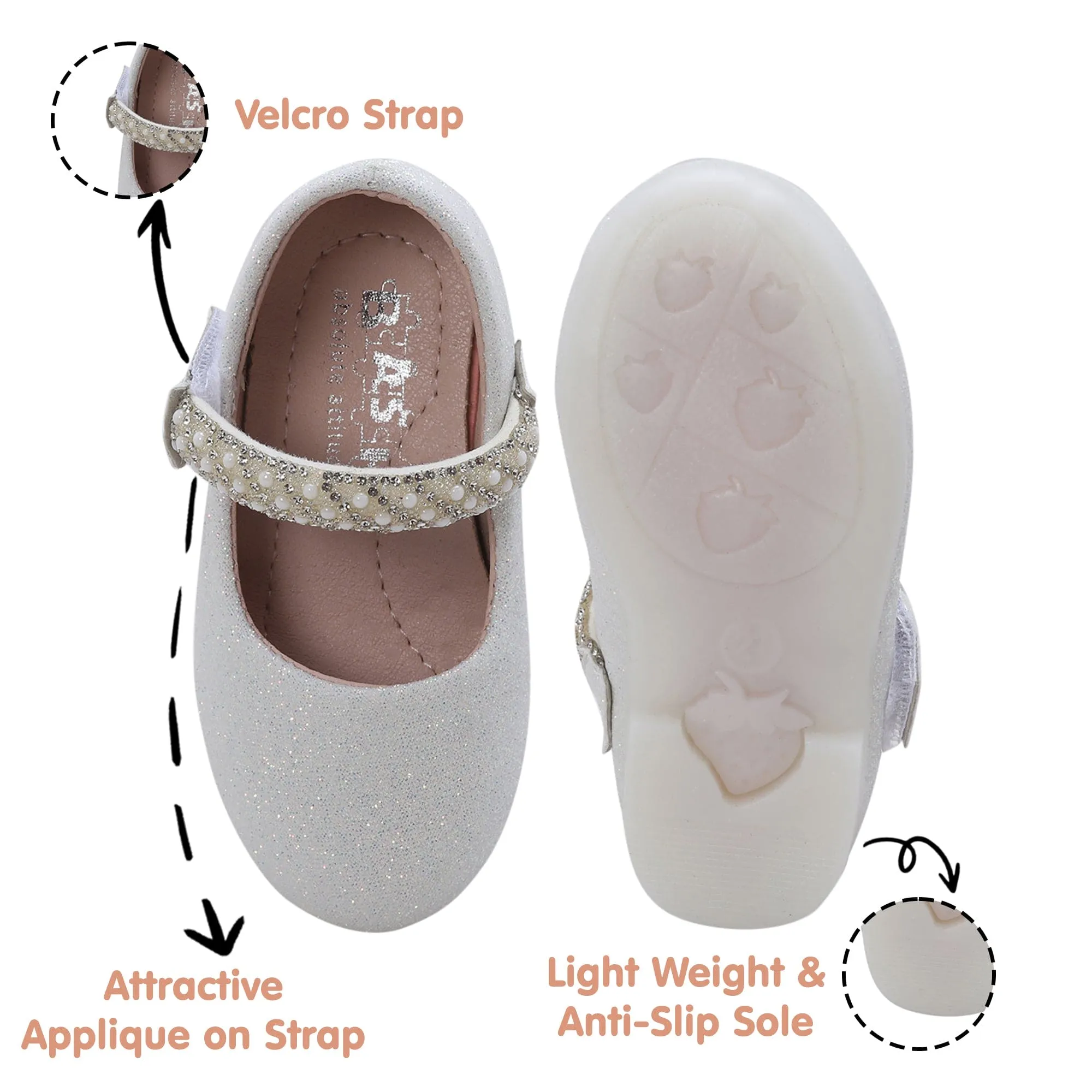 Baby Moo Glittery Pearl Embellished Mary Jane Velcro Strap Anti-Skid Ballerina Shoes - White