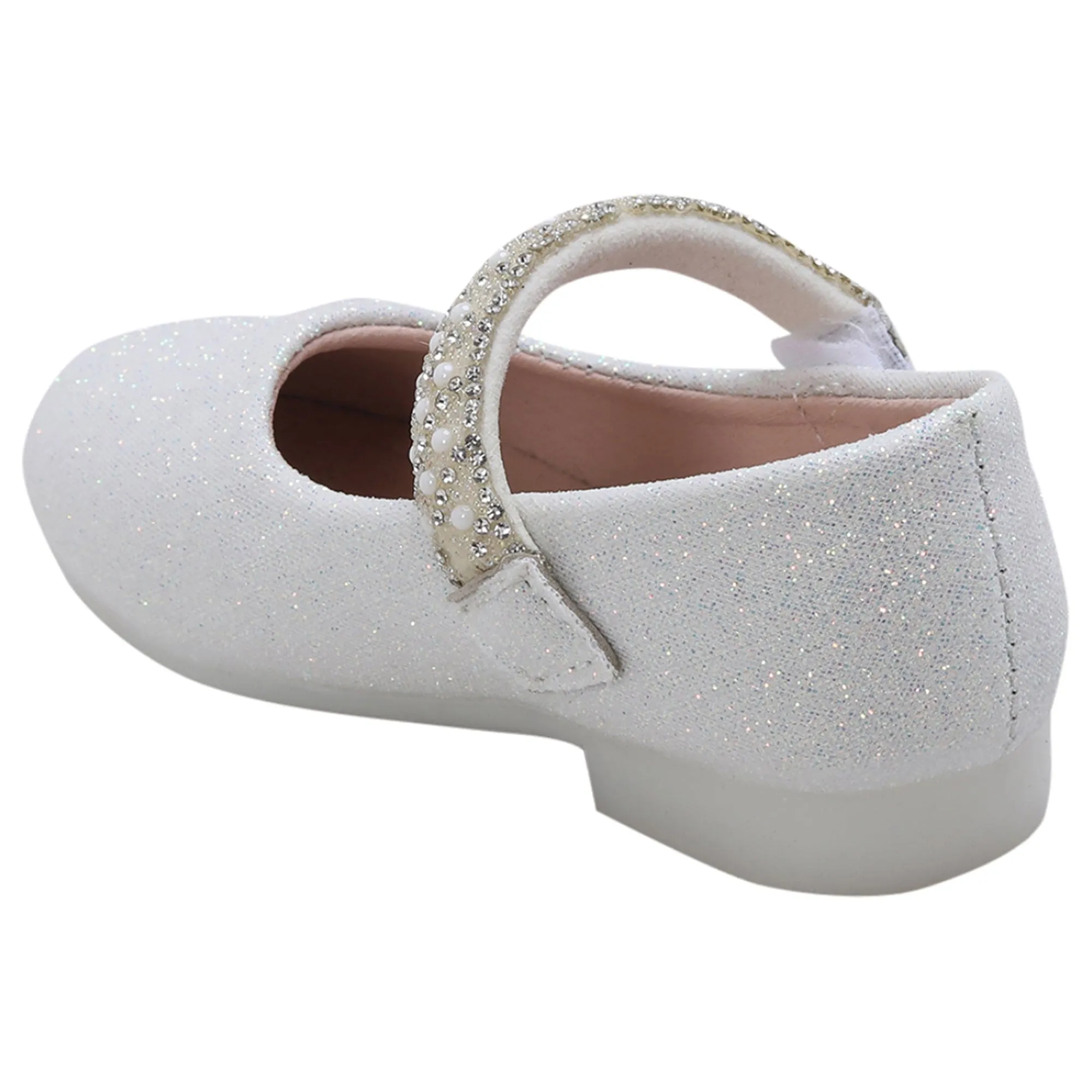 Baby Moo Glittery Pearl Embellished Mary Jane Velcro Strap Anti-Skid Ballerina Shoes - White