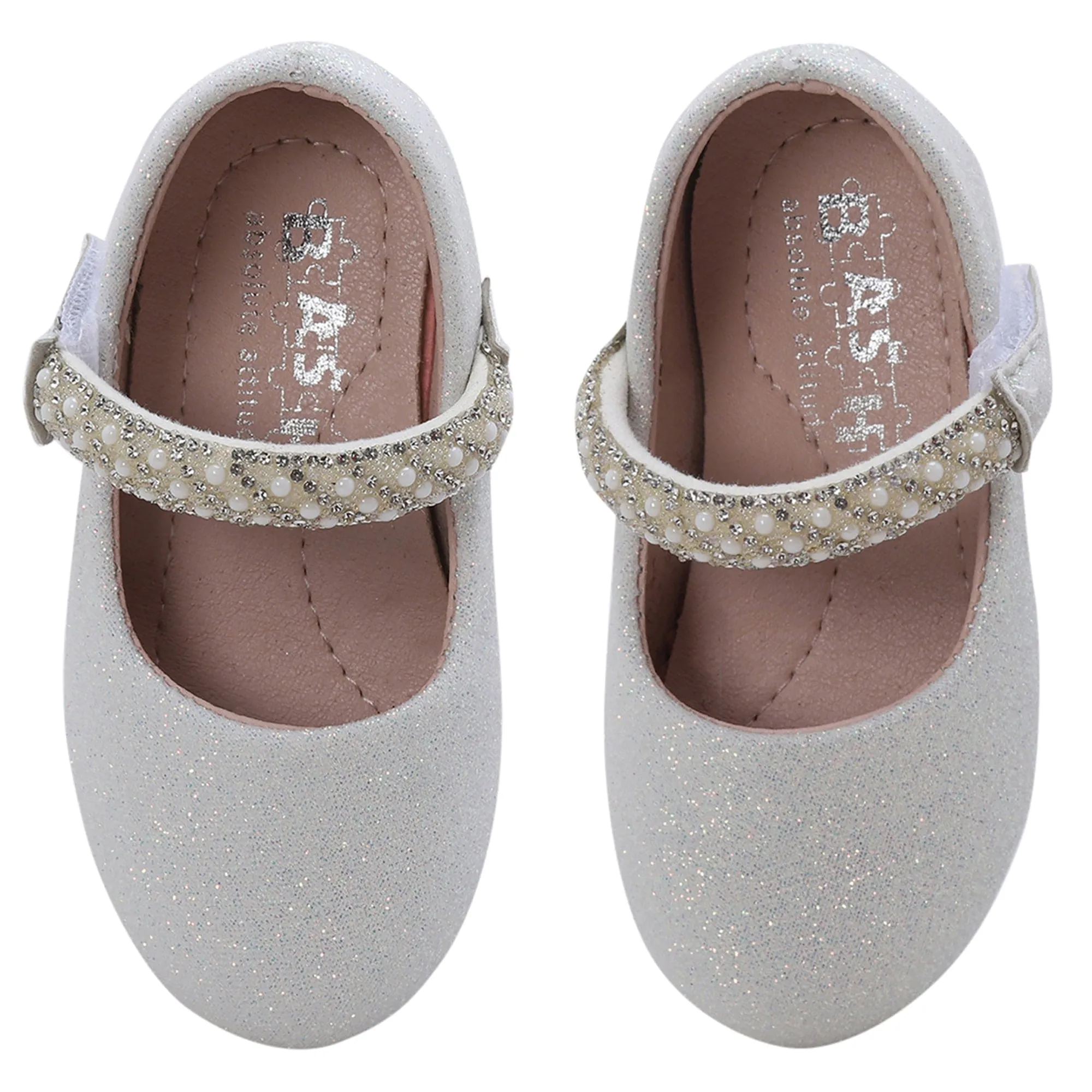 Baby Moo Glittery Pearl Embellished Mary Jane Velcro Strap Anti-Skid Ballerina Shoes - White