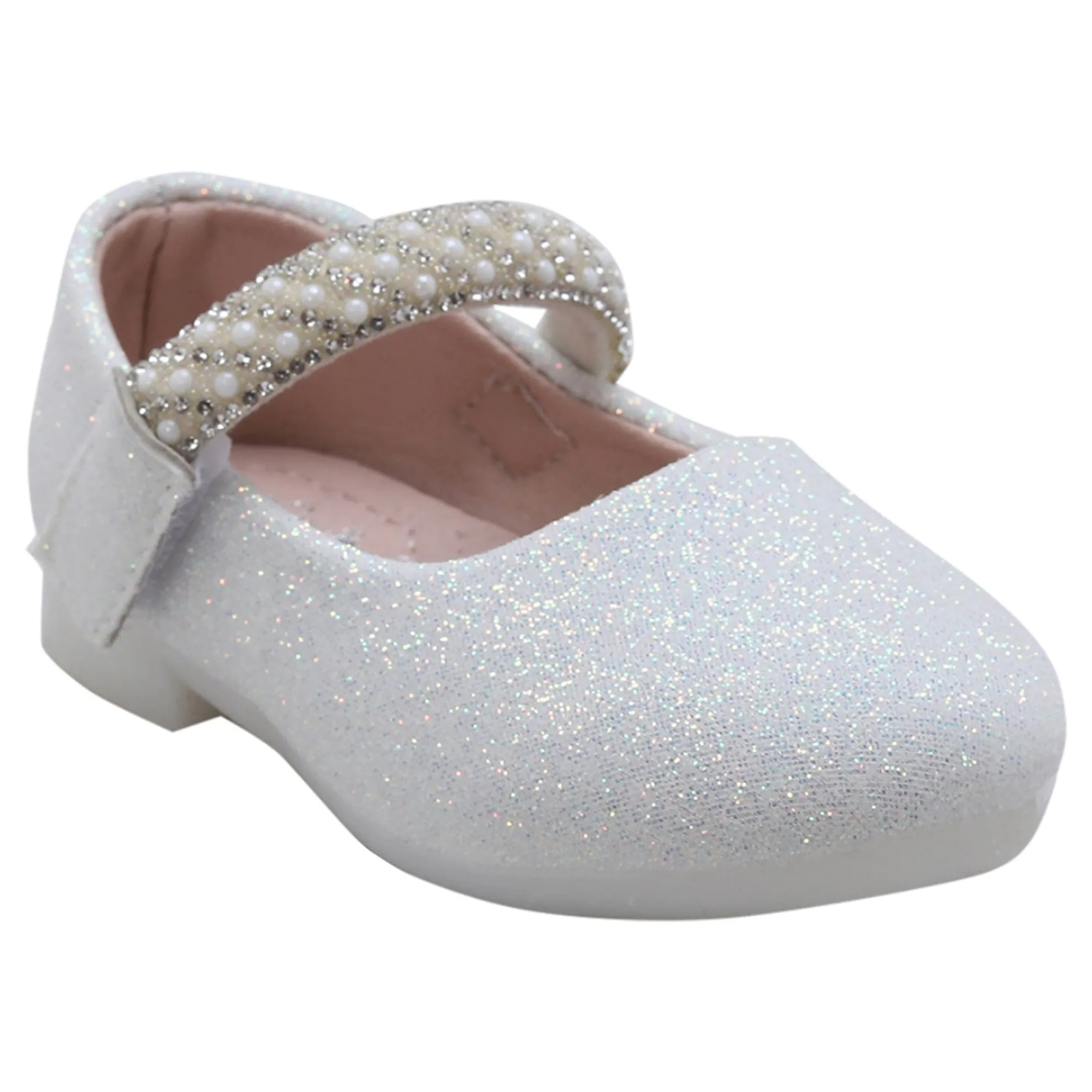 Baby Moo Glittery Pearl Embellished Mary Jane Velcro Strap Anti-Skid Ballerina Shoes - White