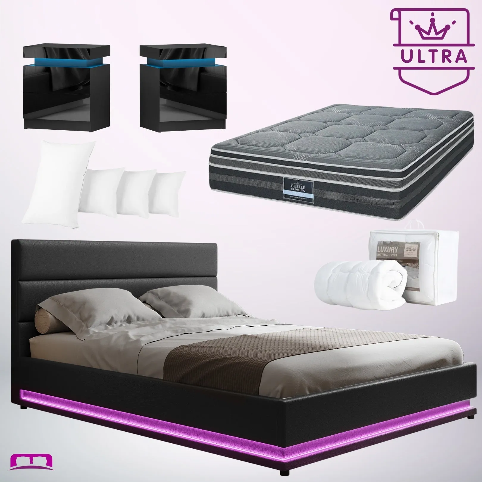 King Ultra Package | Henley LED Bed Black, 2 x LED Bedside Tables, Platinum Series Dual Euro Top Mattress, Pillowtop Mattress Topper & 4 x Pillows