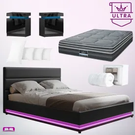 King Ultra Package | Henley LED Bed Black, 2 x LED Bedside Tables, Platinum Series Dual Euro Top Mattress, Pillowtop Mattress Topper & 4 x Pillows