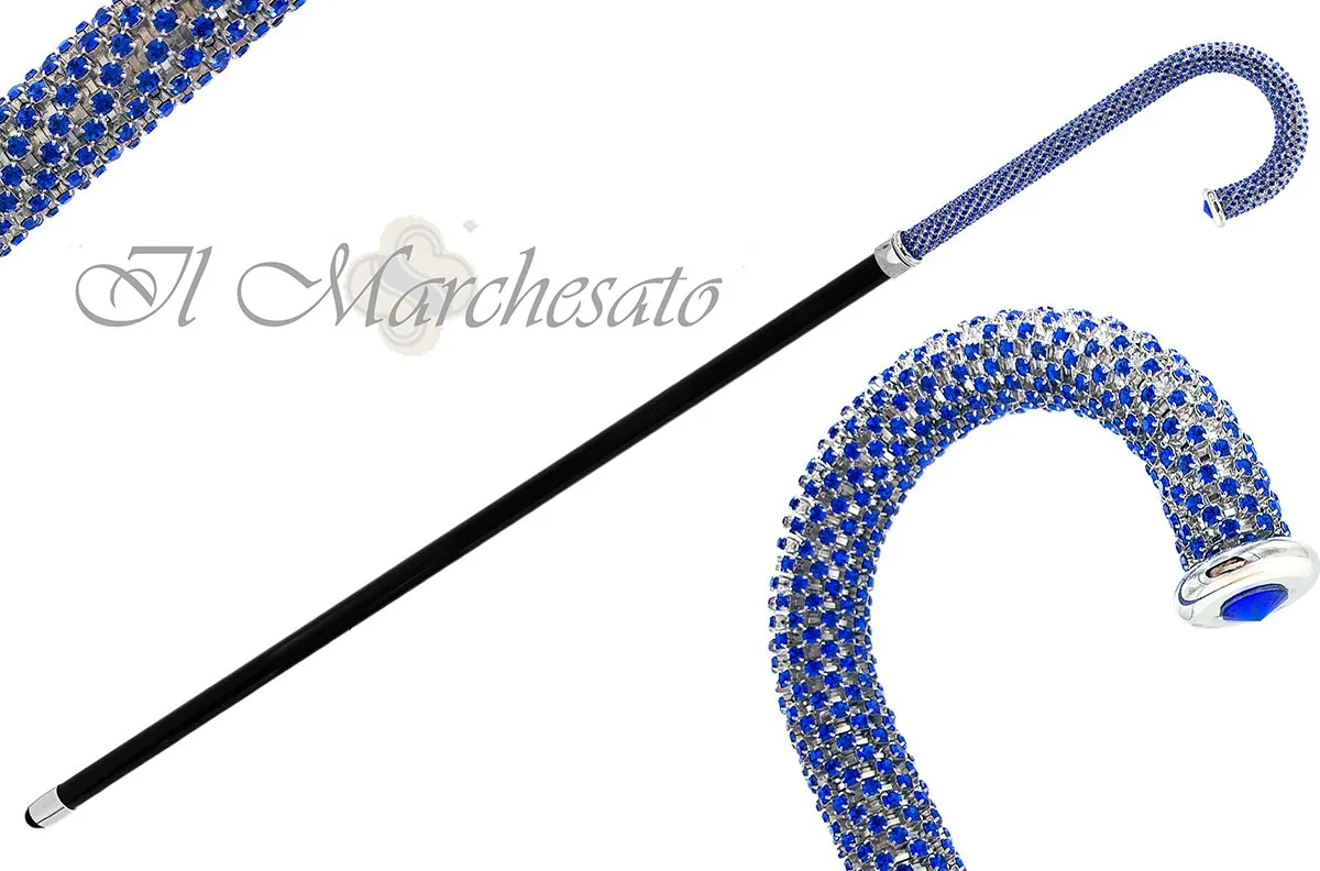 Portentous Walking stick - Brilliant Sapphire Crystals On Silver Plated Brass