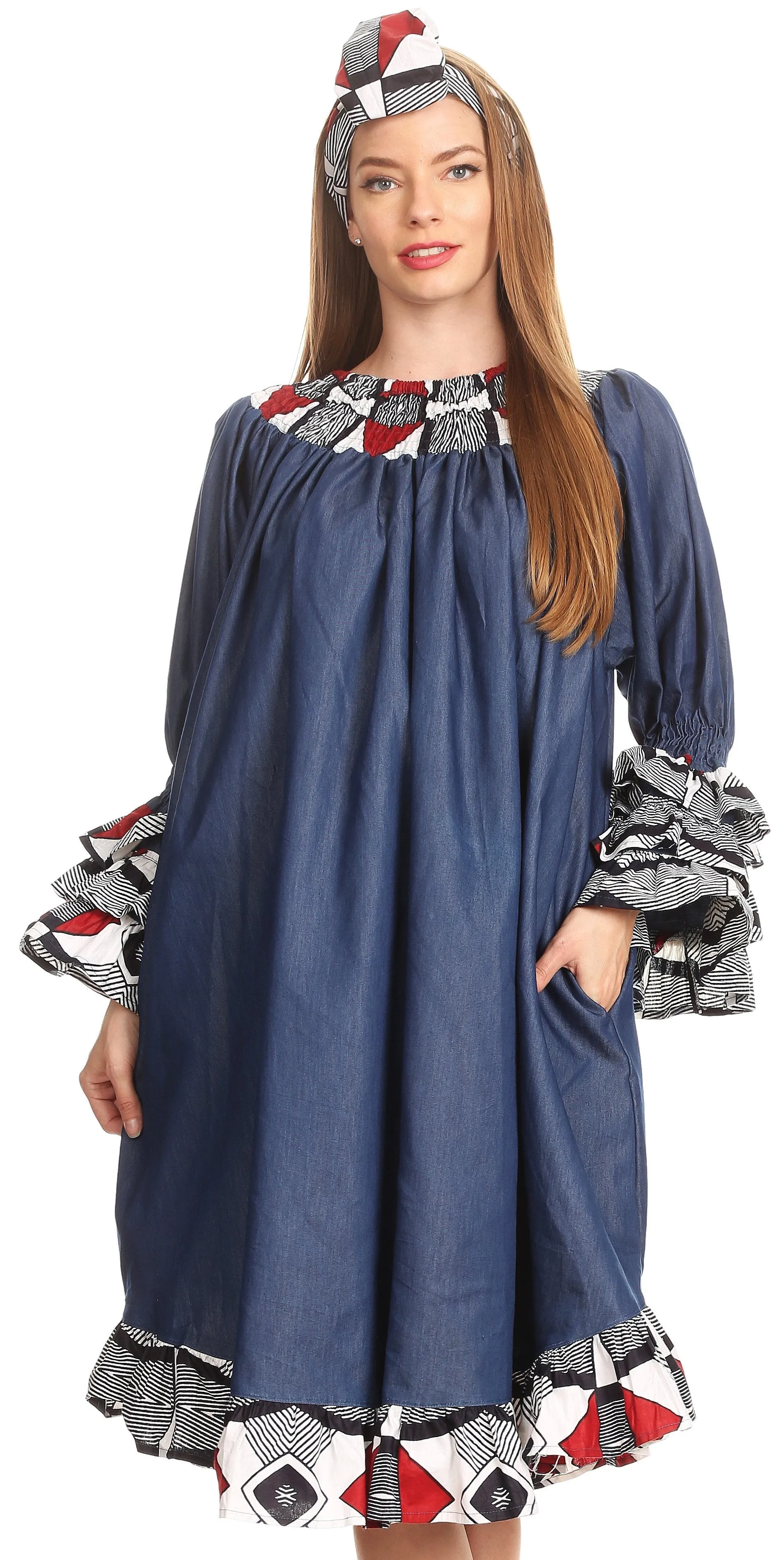 Sakkas Folami Chambray and Ankara Wax Dutch Print Muumuu Dress Relax Fit