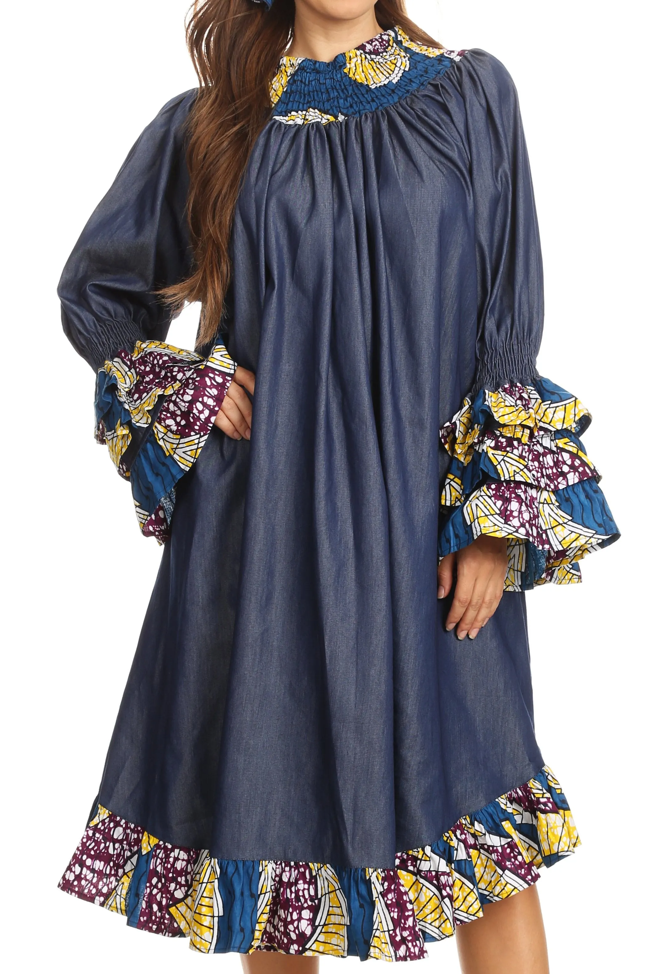 Sakkas Folami Chambray and Ankara Wax Dutch Print Muumuu Dress Relax Fit