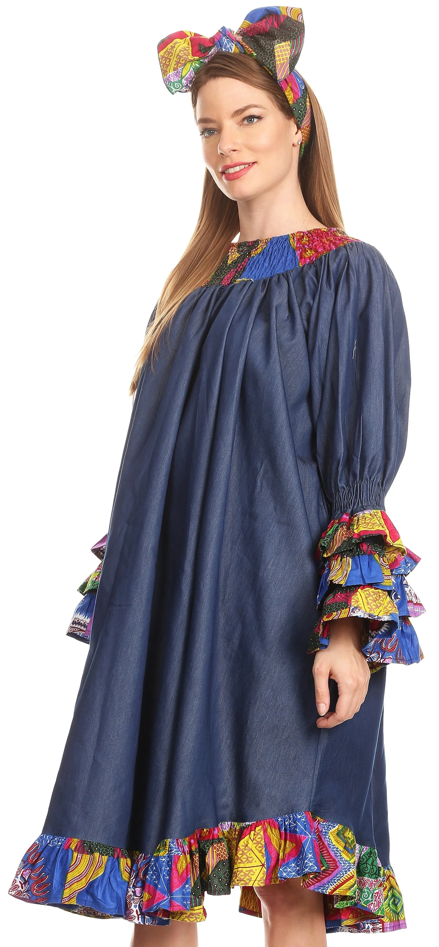 Sakkas Folami Chambray and Ankara Wax Dutch Print Muumuu Dress Relax Fit