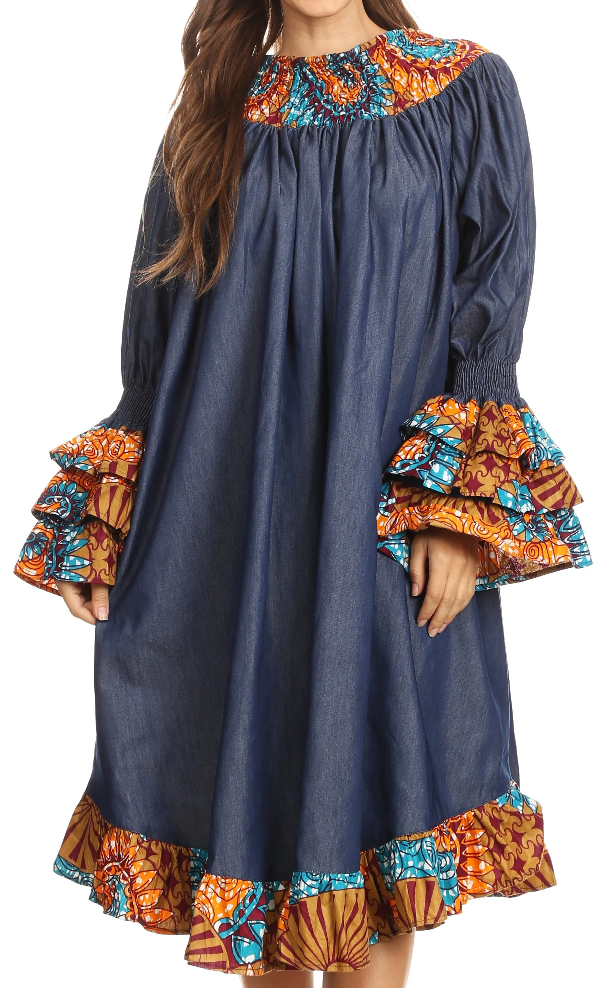 Sakkas Folami Chambray and Ankara Wax Dutch Print Muumuu Dress Relax Fit