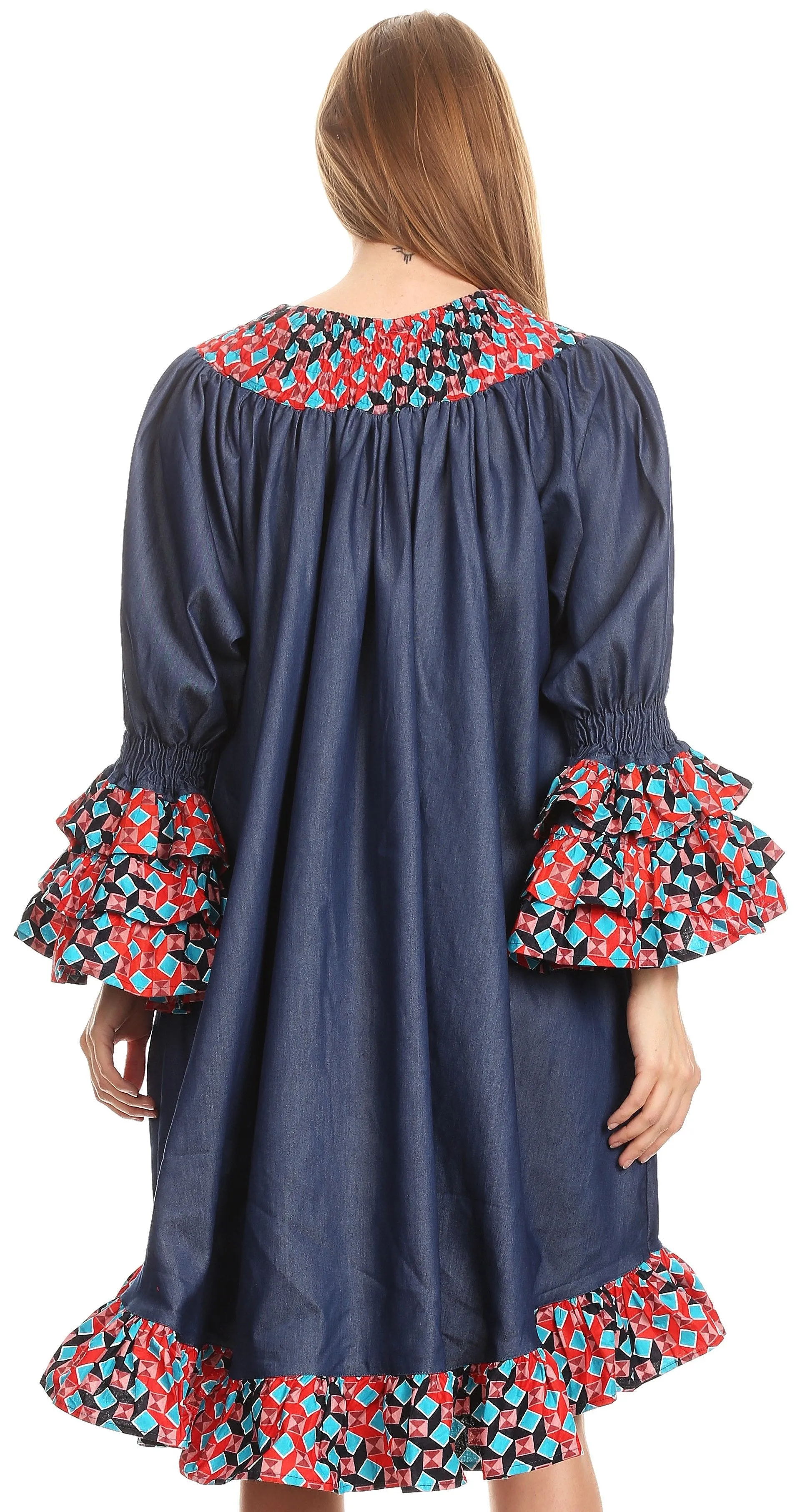 Sakkas Folami Chambray and Ankara Wax Dutch Print Muumuu Dress Relax Fit