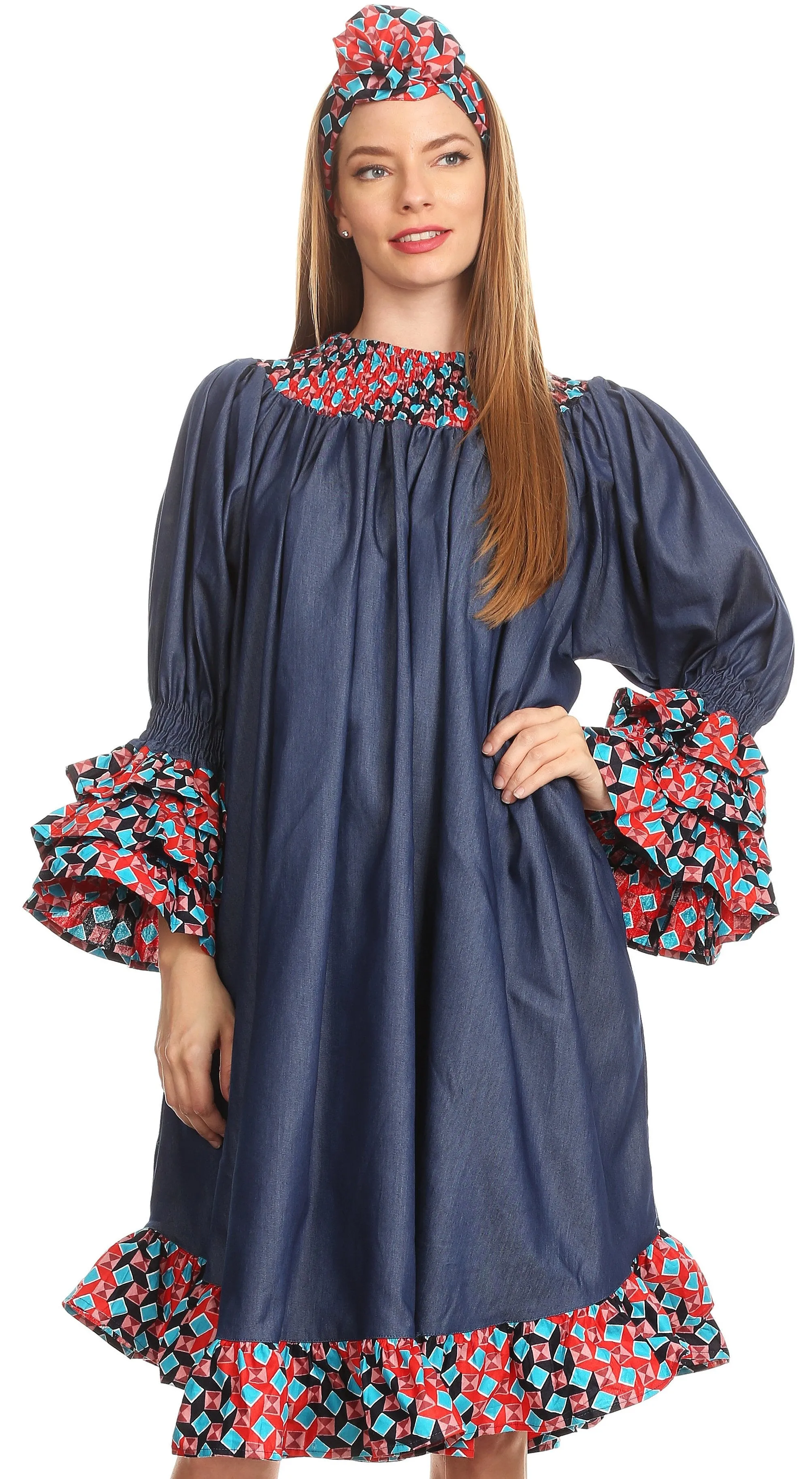 Sakkas Folami Chambray and Ankara Wax Dutch Print Muumuu Dress Relax Fit