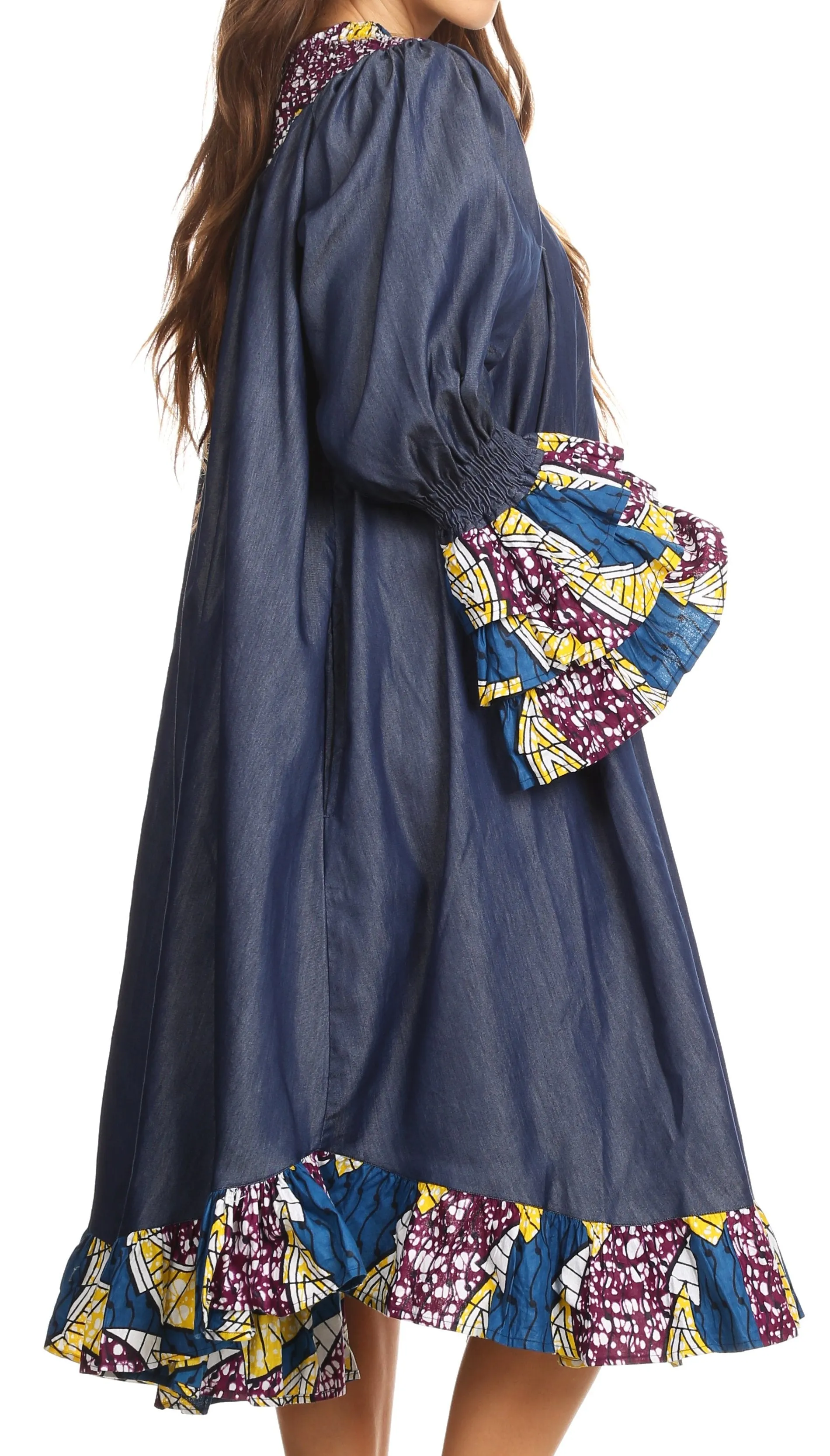 Sakkas Folami Chambray and Ankara Wax Dutch Print Muumuu Dress Relax Fit