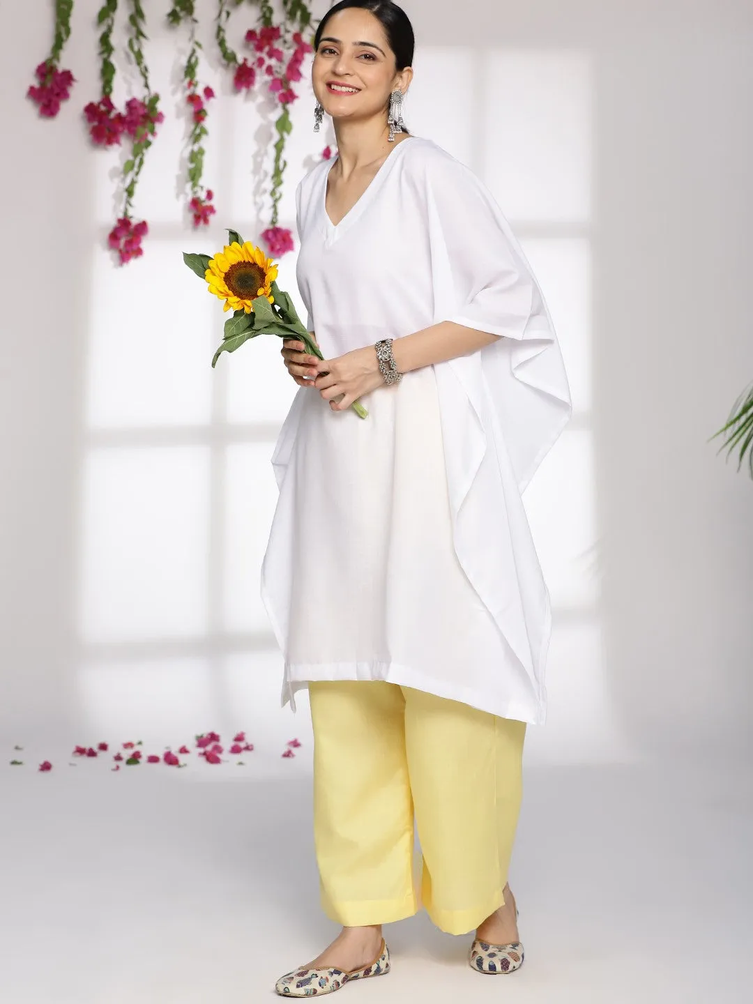 White CottonSlub Long Kaftan & Yellow Palazzo